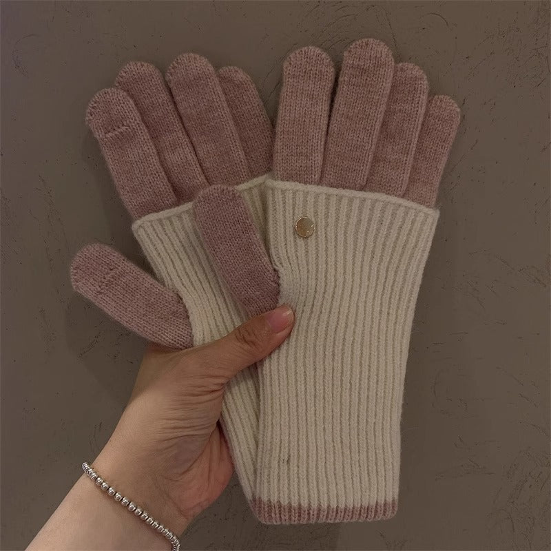Milad Winter Dual-use Color-blocking Knitted Wool Gloves for Women, Fingerless, Touchscreen-compatible, Warm for Riding