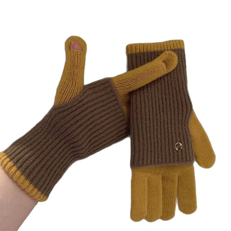 Milad Winter Dual-use Color-blocking Knitted Wool Gloves for Women, Fingerless, Touchscreen-compatible, Warm for Riding