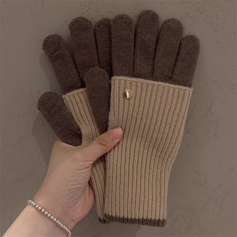 Milad Winter Dual-use Color-blocking Knitted Wool Gloves for Women, Fingerless, Touchscreen-compatible, Warm for Riding