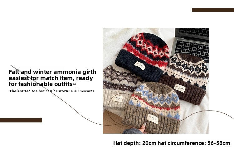 Vintage Atmosphere Knitted Wool Hat for Women, Loose Fit for Large Head Circumference, Warm Ear Protection Hat, Face Slimming Hat for Autumn and Winter