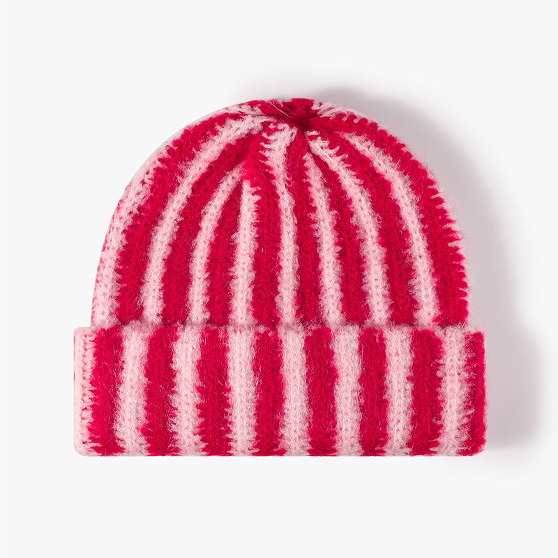 Korean Style Color-Block Striped Double-Layer Knitted Hat Thickened Autumn Winter Versatile Fashion Trendy Ins Style Rolled Edge Wool Hat for Women