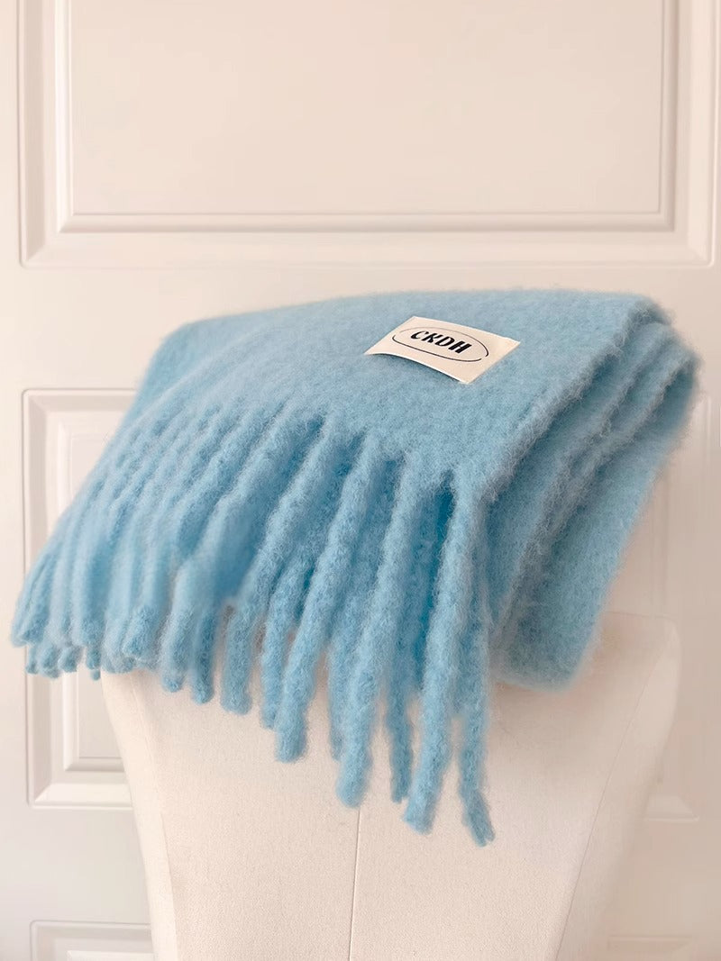 Atmospheric Wool Simple Solid Color Scarf for Women Iceland Blue Autumn Winter Warm Versatile European and American Style Mohair Shawl