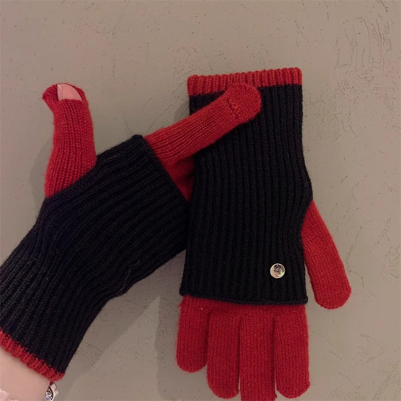 Milad Winter Dual-use Color-blocking Knitted Wool Gloves for Women, Fingerless, Touchscreen-compatible, Warm for Riding