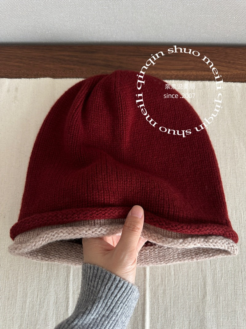 100% Wool Pure Wool Double-Sided Slouchy Beanie for Women, Autumn and Winter Cool High Elasticity Knitted Hat