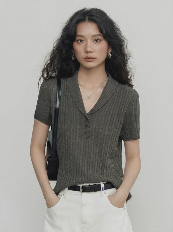 Lyocell Linen Blend Knit Polo Top